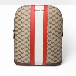 Michael Kors Beige MK Monogram Backpack with Red and White Stripe